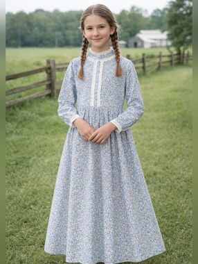 Scarlett Darkness Girls Prairie Dress Size 10-11 Blue Floral Cottagecore Modest